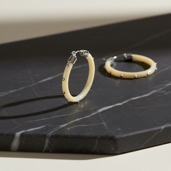 Lauren Ralph Lauren Cream Resin Studded Hoop Earrings Silver Tone NWT - Picture 2 of 4